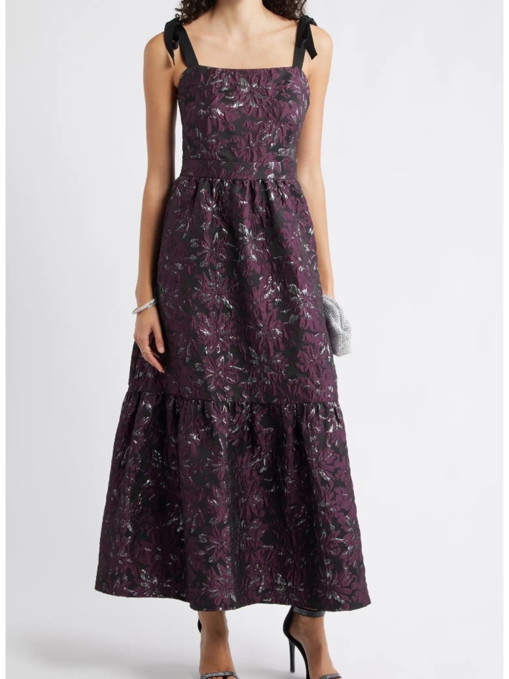 Chelsea28 Tiered Floral Brocade Tie Strap Maxi Dress XXS
